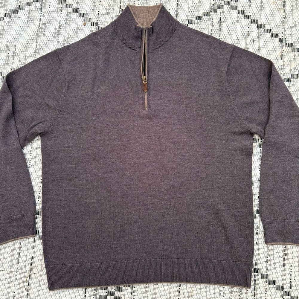 Raffi men’s Brown 1/4 zip 100% extra fine Merino wool sweater Sz XXL 56 Academia
